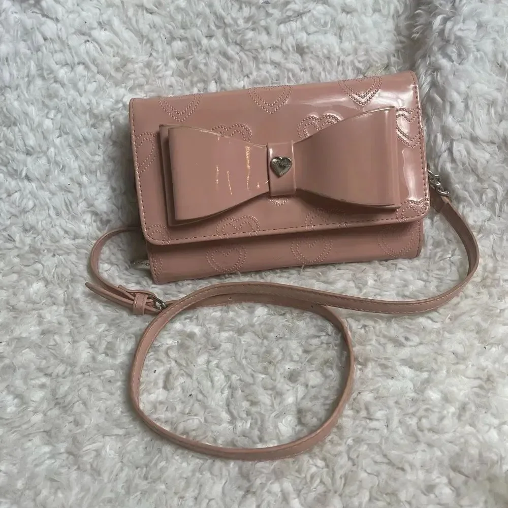 Betsey Johnson synthetic heart embossed pink patent crossbody bag Bow accent